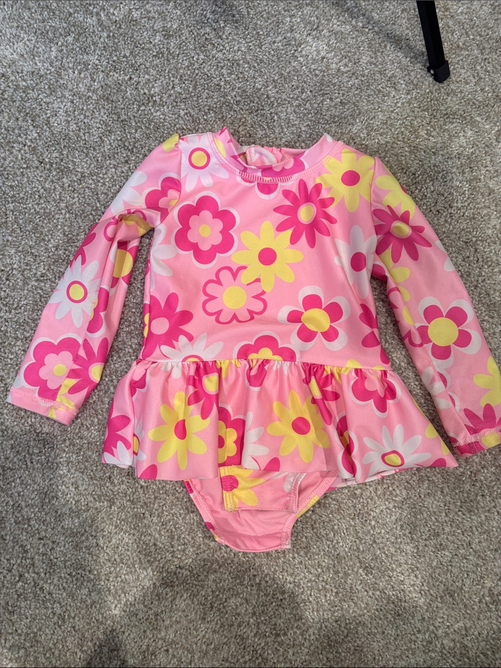 Girls 12M Pink Floral Long-Sleeve One-Piece Swimdress